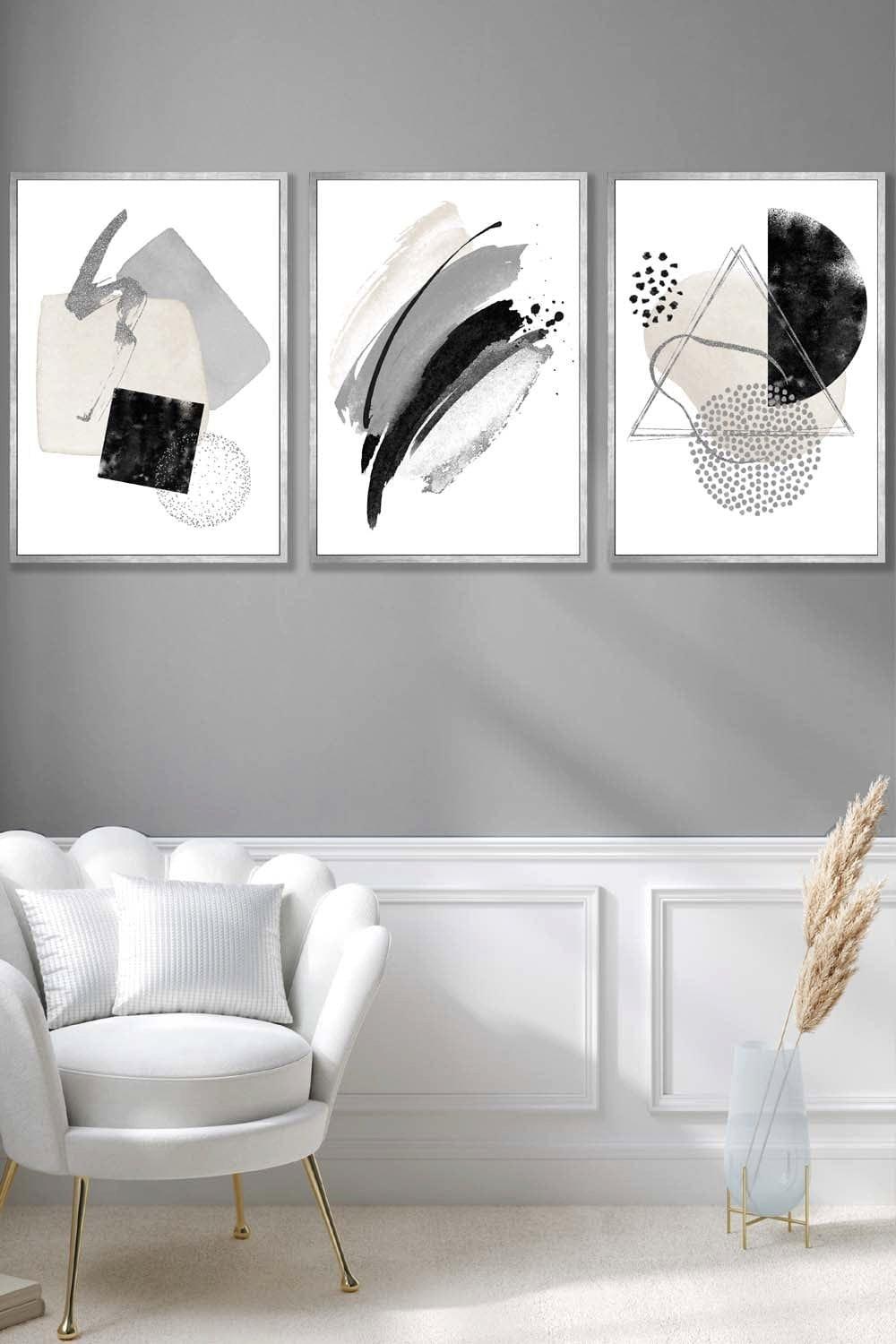 Abstract Black Grey Ivory Watercolour Shapes Framed Wall Art - Large